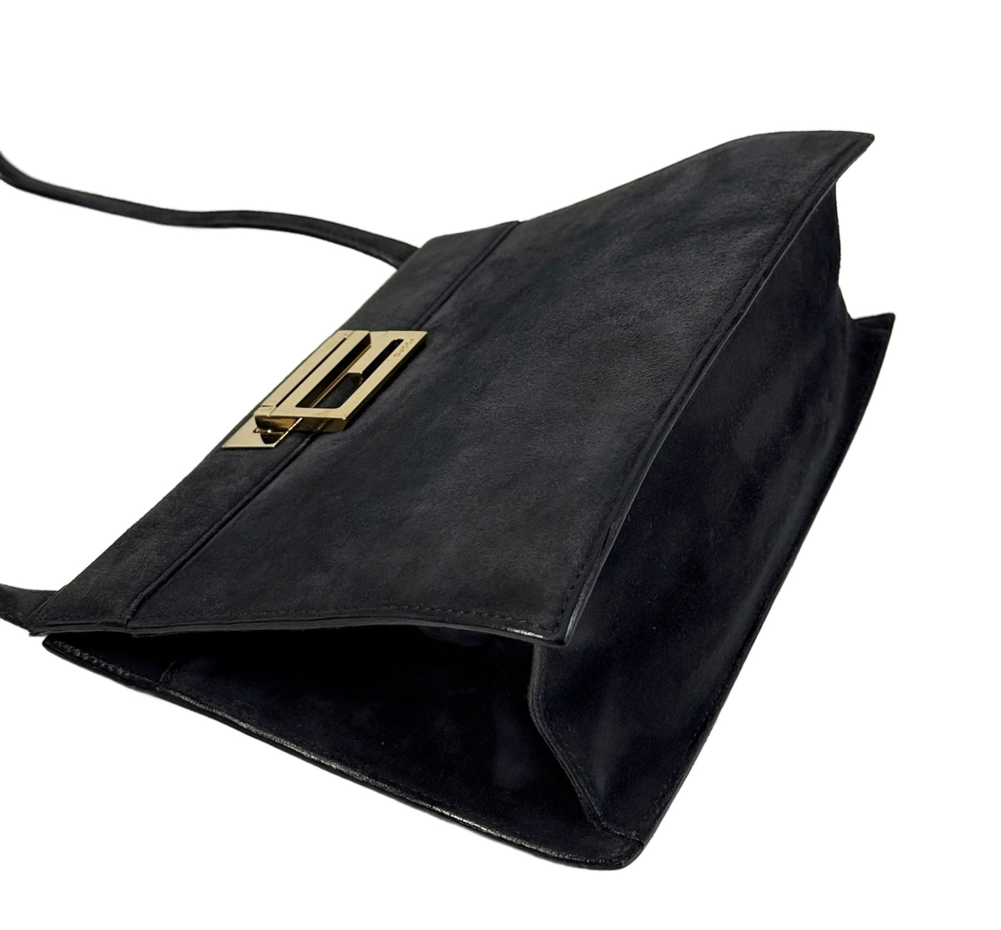 Gucci Vintage 80s Dark Gray Suede Trapezoid G Top Handle Shoulder Bag