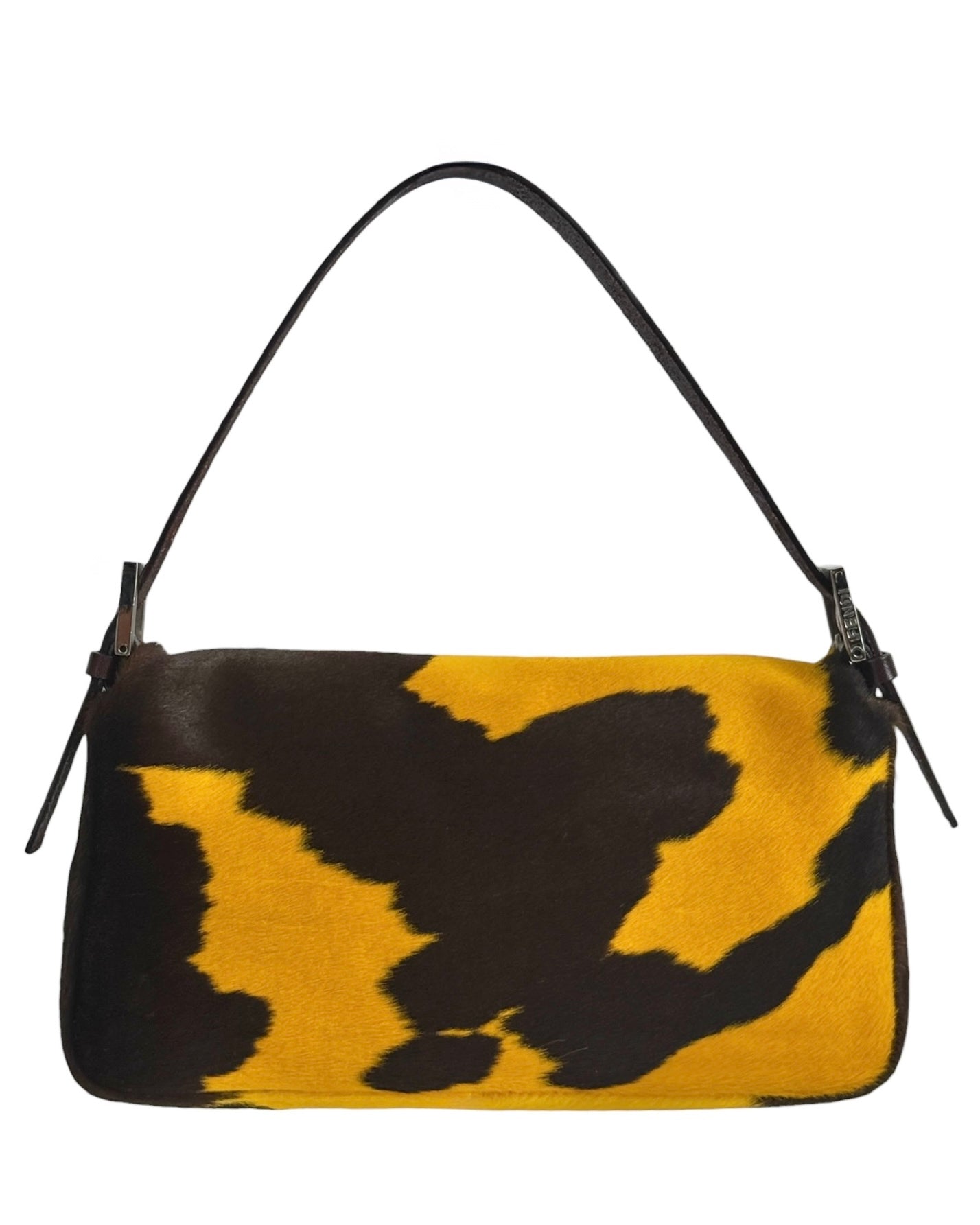 Fendi Vintage Yellow Cow Print Pony Hair Shoulder Baguette Bag