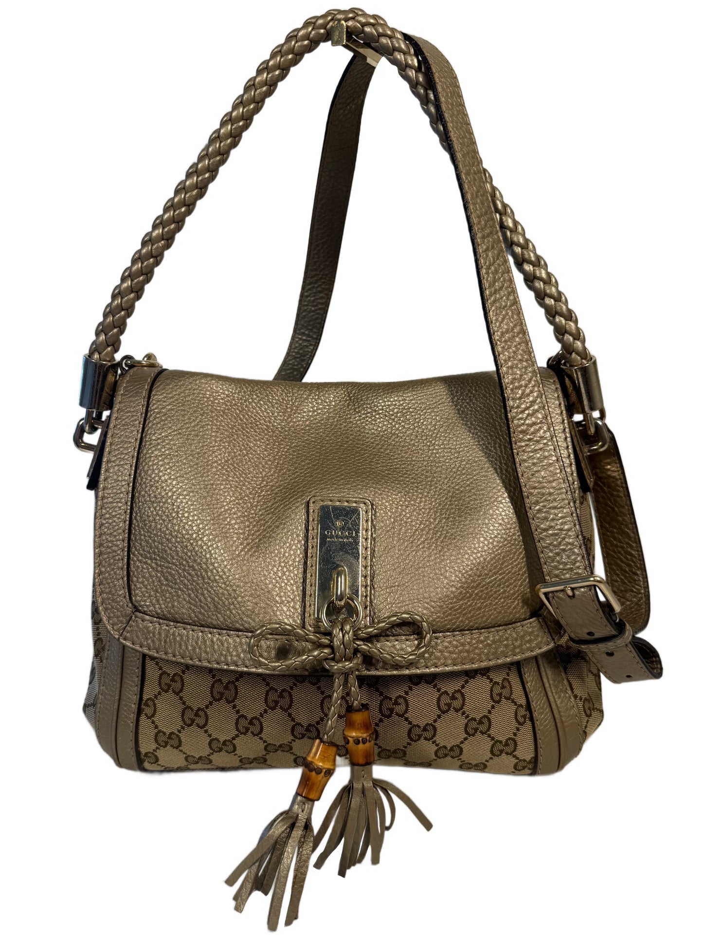 Gucci Vintage Brown GG Monogram Canvas & Gold Leather Bella Bow Flap Medium Shoulder & Crossbody Bag