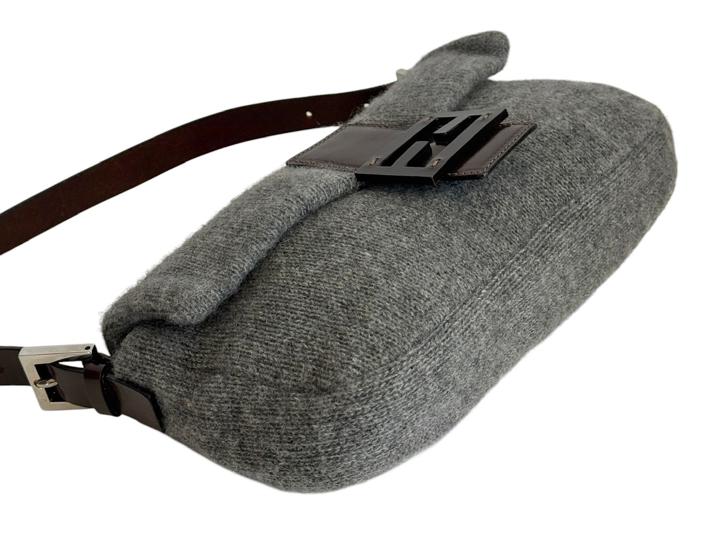 Fendi Vintage Gray Knit Wool Shoulder Baguette Bag