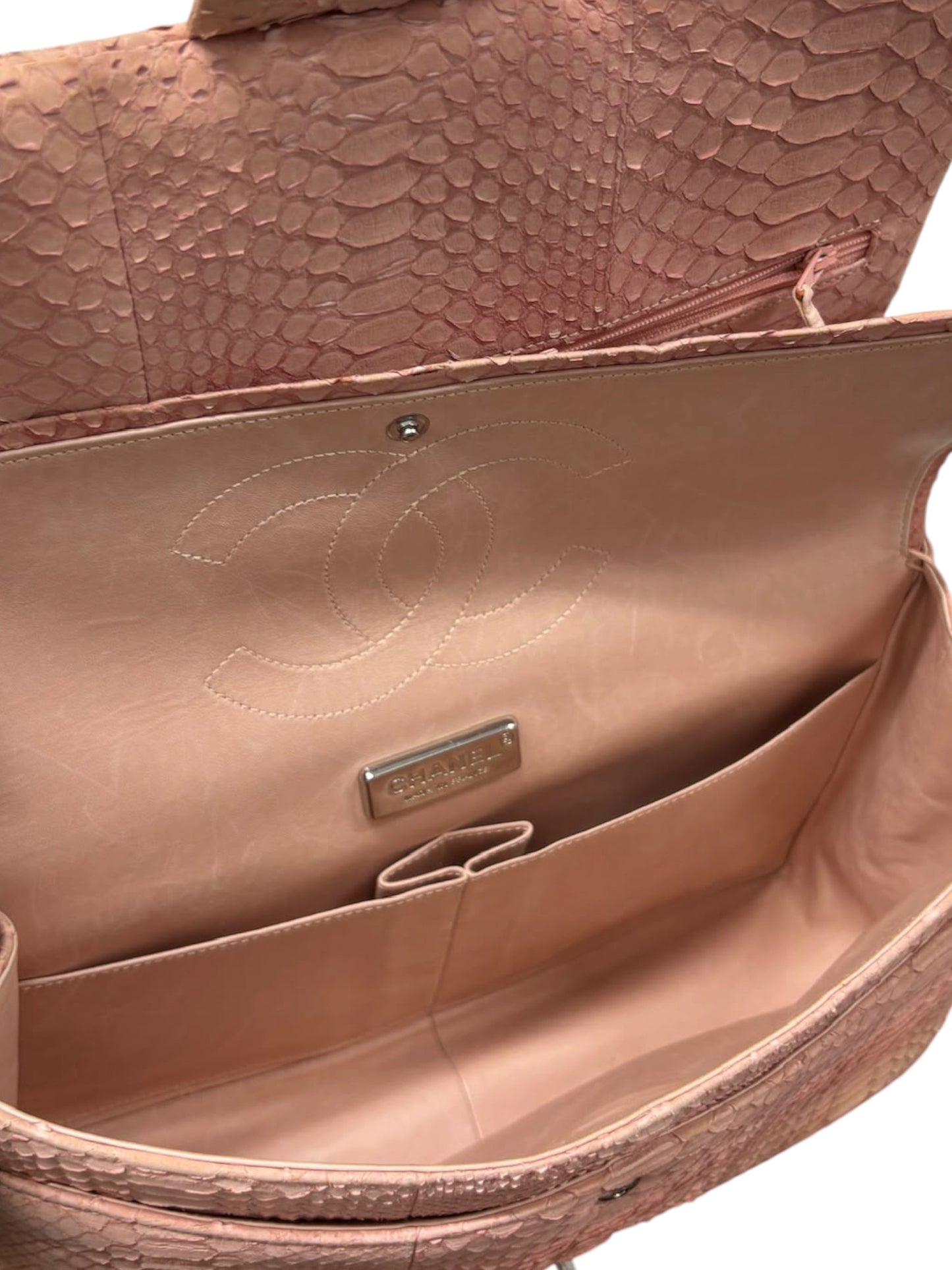 Chanel 2011 Rose Pink Python Classic Jumbo Double Flap Bag with Silver Hardware