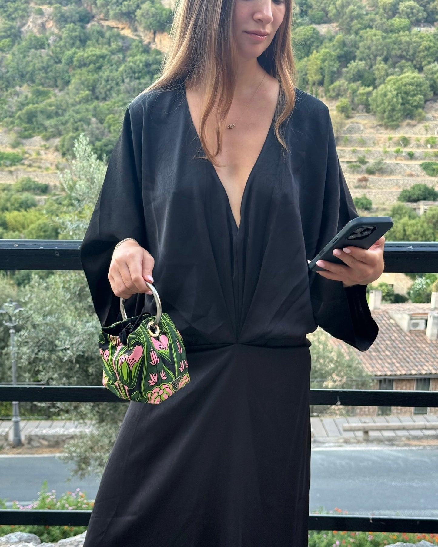 Prada Vintage Holliday & Brown London Green and Pink Twill Floral Tulipano Metal Top Handle Mini Bracelet Bag