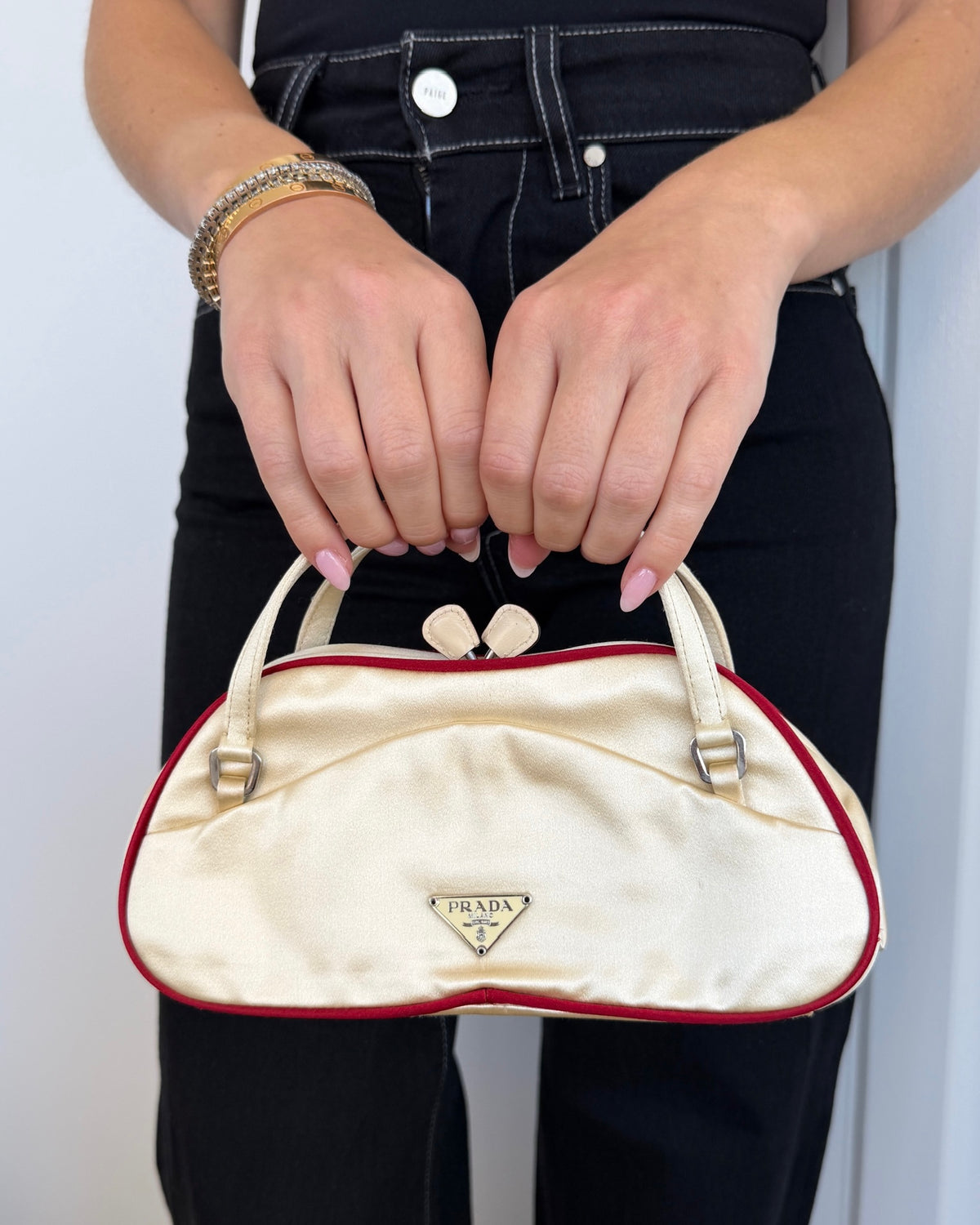 Prada Vintage Ivory with Red Piping Satin Kisslock Mini Top Handle Evening Bag with Mirror