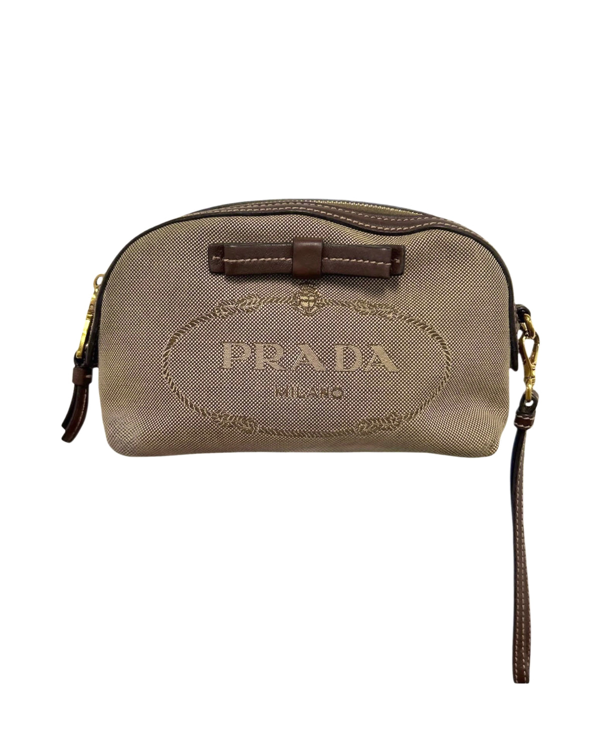 Prada Vintage Brown Jacquard Canapa Logo Small Wristlet Clutch Pochette