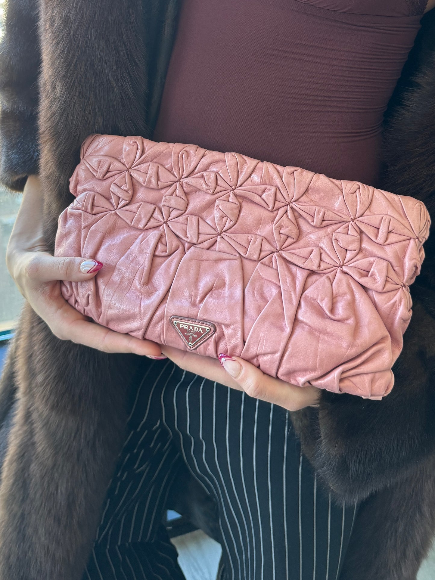 Prada Vintage Pink Calfskin Leather Diamond Pleated Floral Clutch