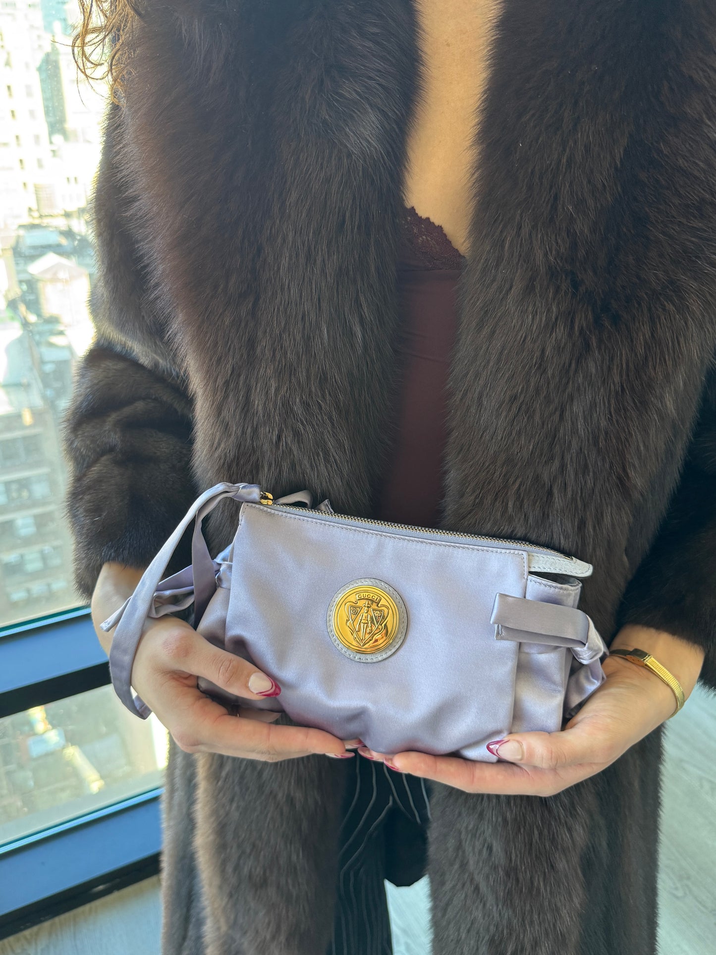 Gucci Vintage Lilac Purple Satin Hysteria Wristlet Clutch Bag