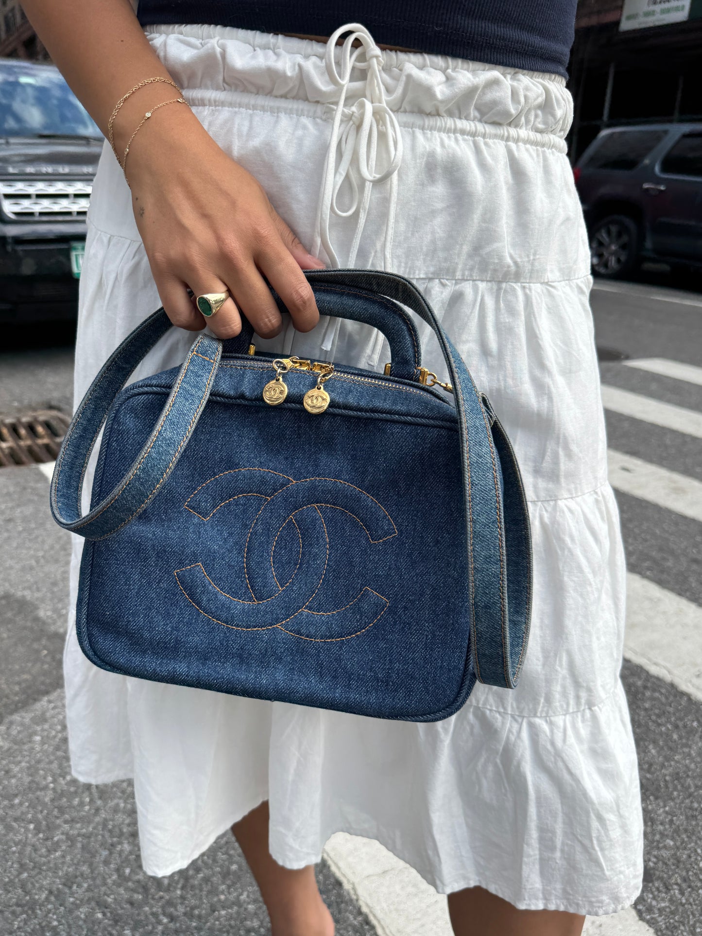 Chanel Vintage 90s Denim CC Top Handle Vanity Case w Shoulder Crossbody Strap