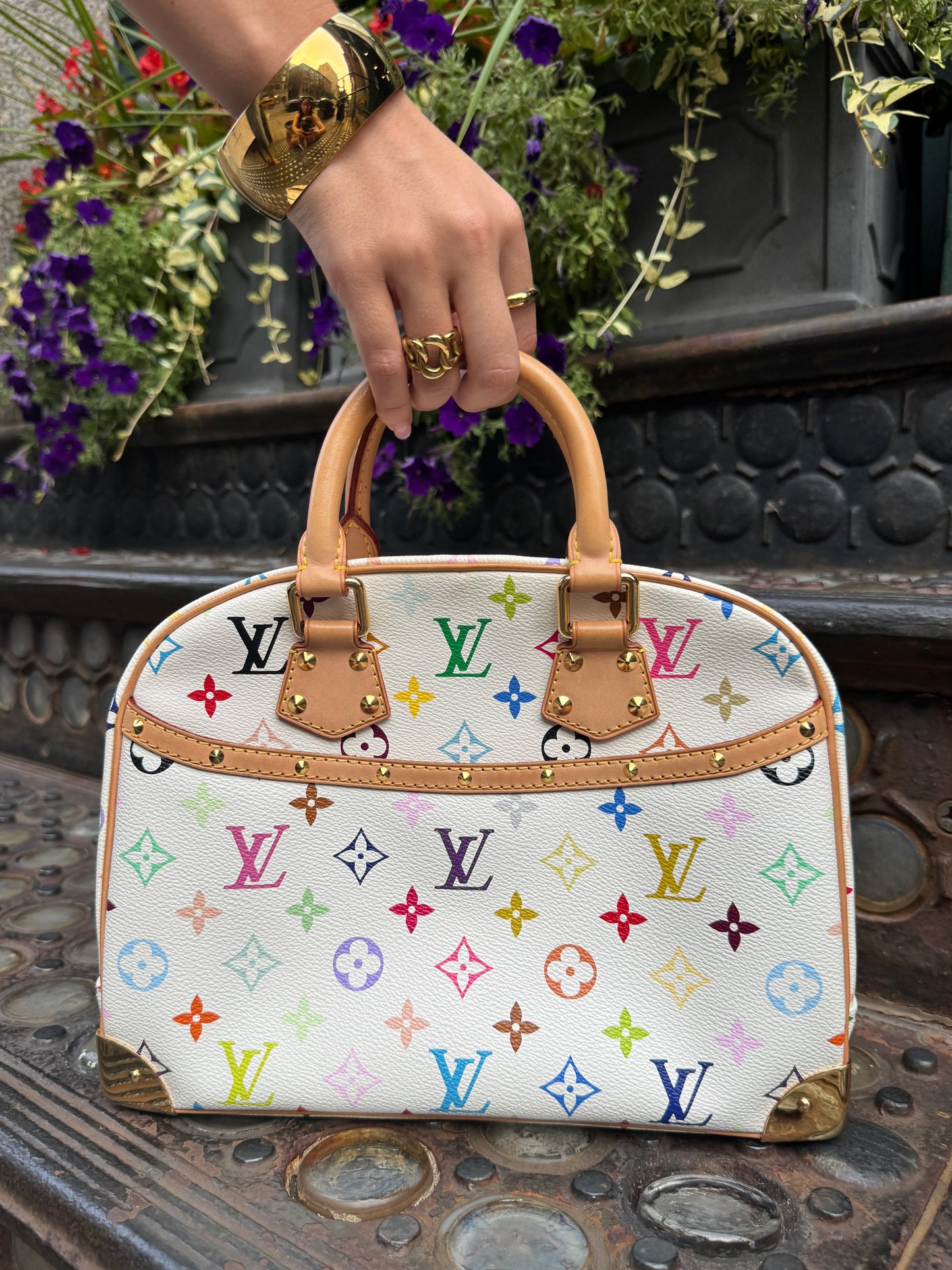 Louis Vuitton Vintage 2005 Takashi Murakami Blanc / White Multicolor Monogram Trouville Top Handle Bag