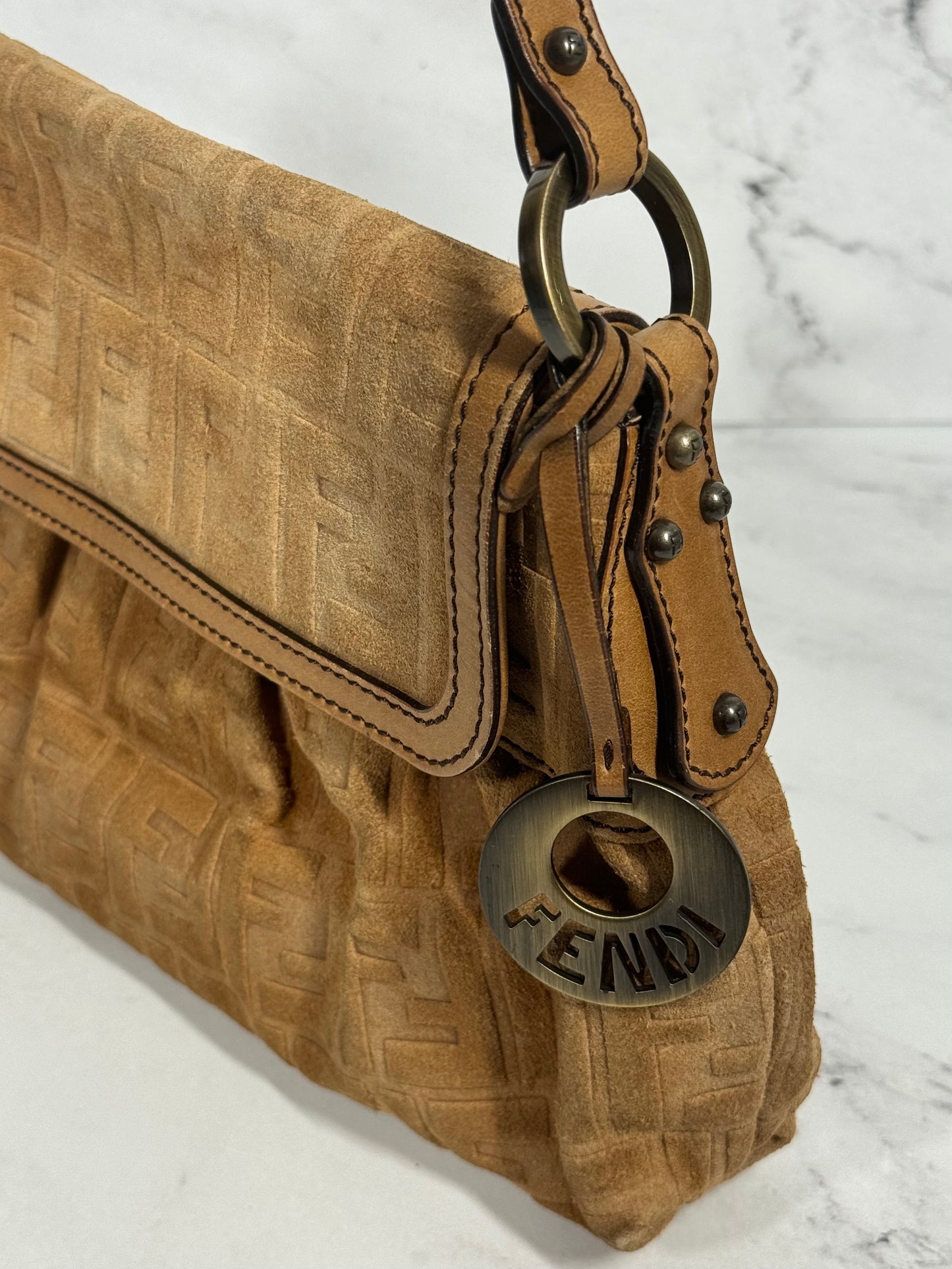 Fendi Vintage Brown Suede Embossed Zucca Shoulder Baguette Bag