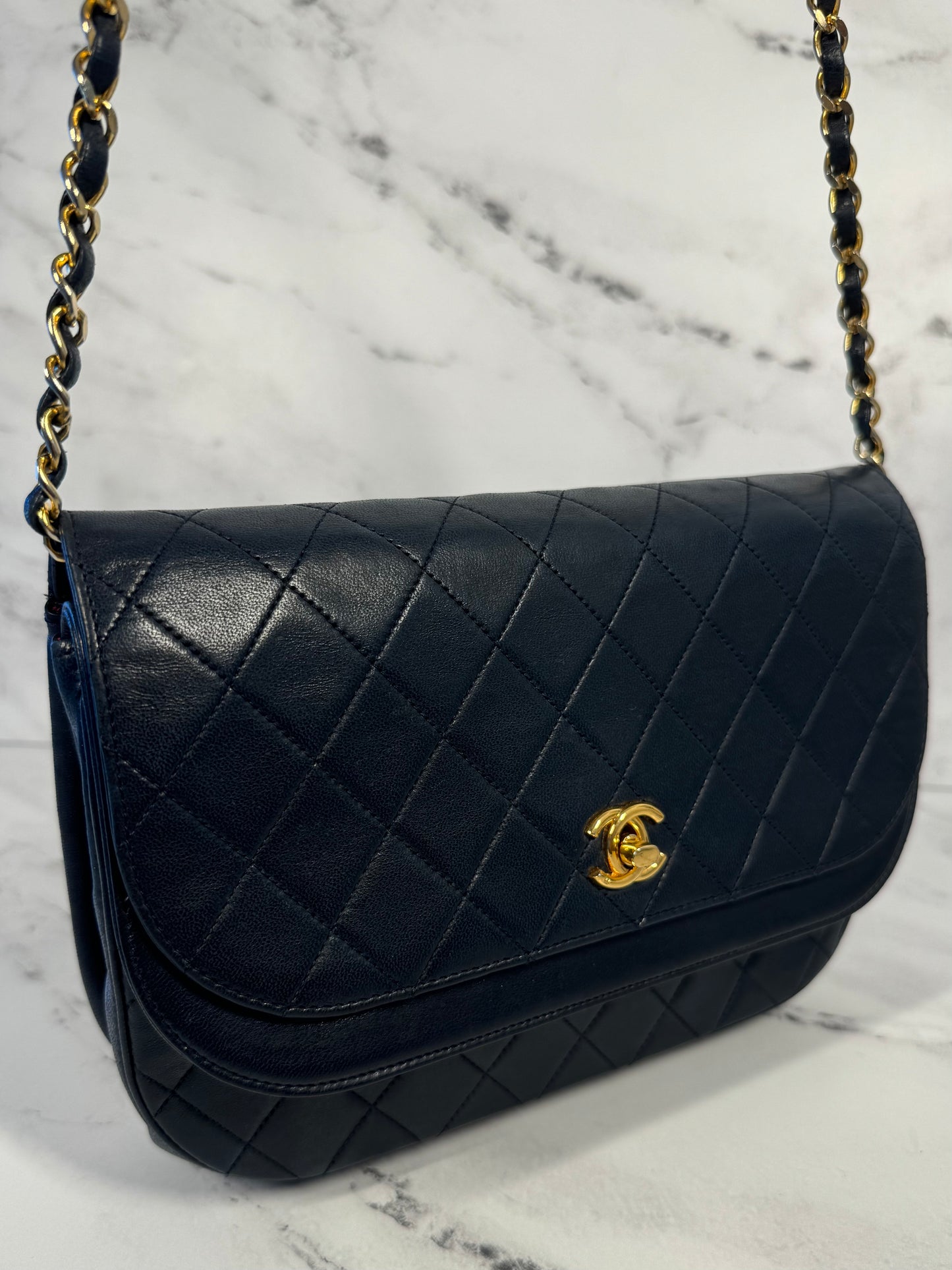 Chanel Vintage Early 80s Navy Blue Quilted Lambskin Half Moon Double Flap Shoulder Bag w 24K Gold Plated Hardware