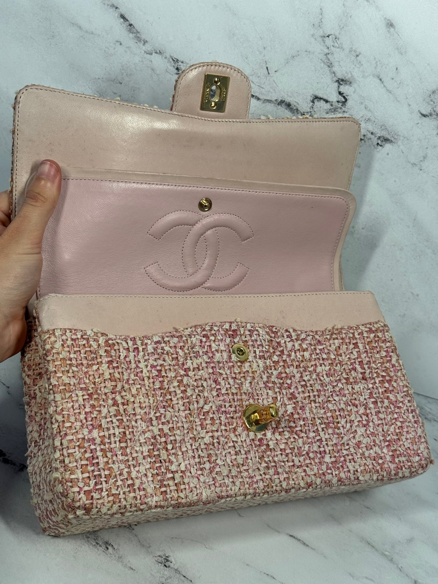 Chanel Vintage 2003 Baby Pink Tweed Medium Classic Double Flap Bag w 24K Gold Plated Hardware