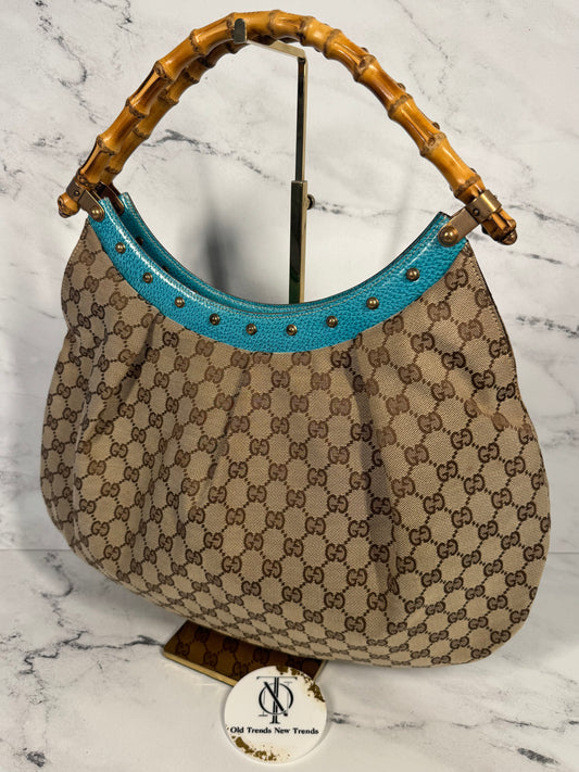 Gucci Vintage Brown GG Monogram w Turquoise Studded Leather Trim Bamboo Handle Hobo Shoulder Bag