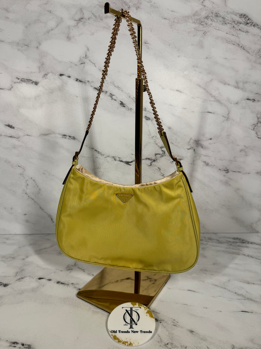 Prada Vintage Chartreuse Neon Lime Yellow Green Tessuto Nylon Chain Cleo Shoulder bag