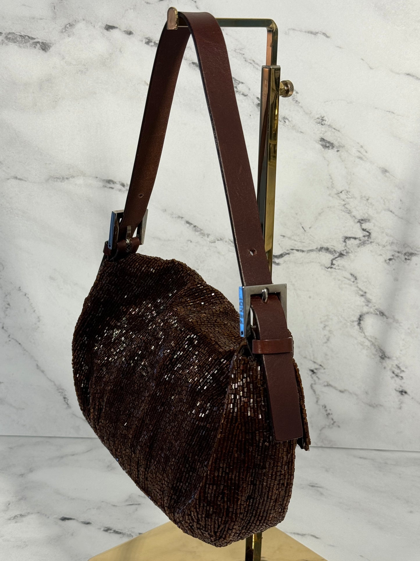 Fendi Vintage Brown Beaded Baguette Bag