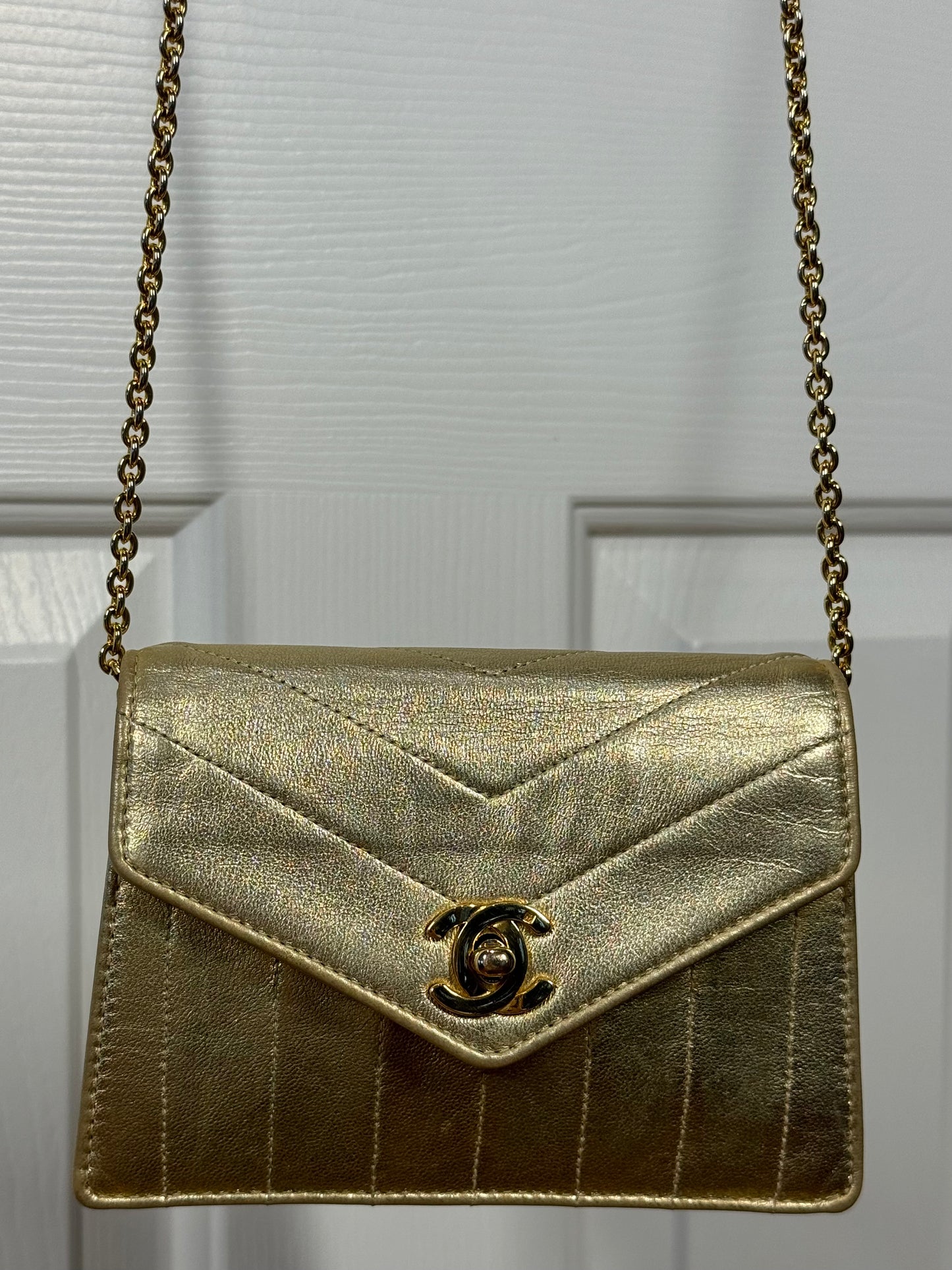 Chanel Vintage Early 80s Metallic Gold Lambskin Trapezoid Mini Flap Chain Bag w 24K Gold Plated Hardware