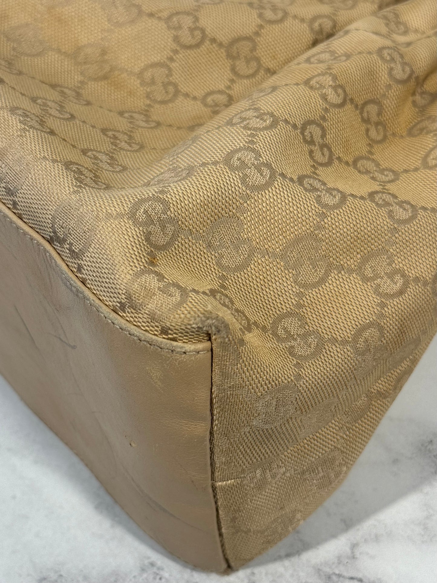 Gucci Vintage Beige GG Monogram Canvas Bamboo Top Handle Shoulder Satchel Bag