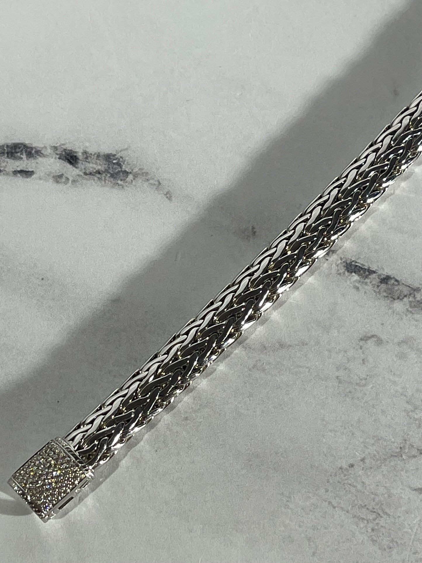 John Hardy 925 Sterling Silver Pave Diamond Clasp Classic Chain Bracelet - Size Large