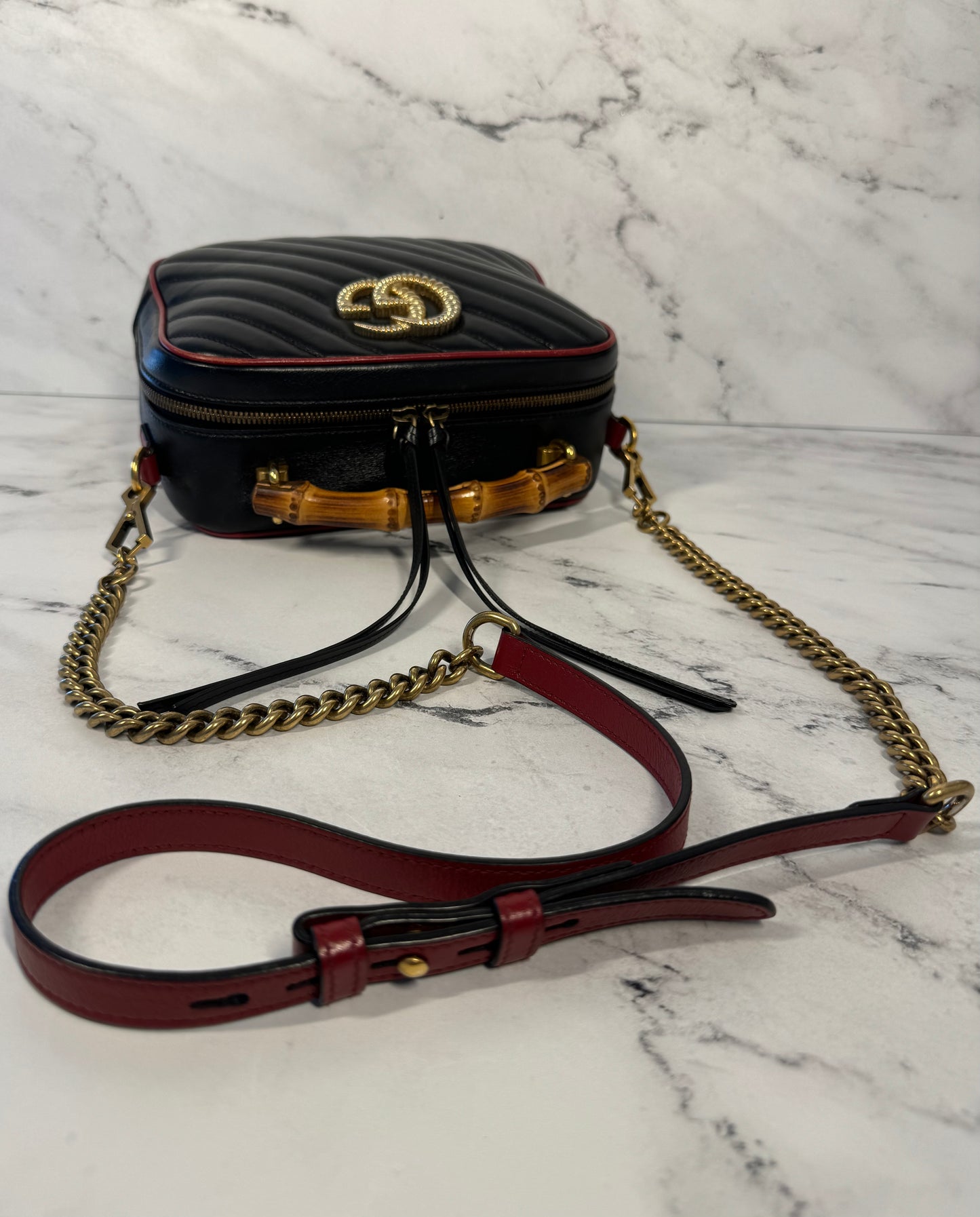 Gucci Black & Red Marmont Torchon Bamboo Top Handle Camera Bag