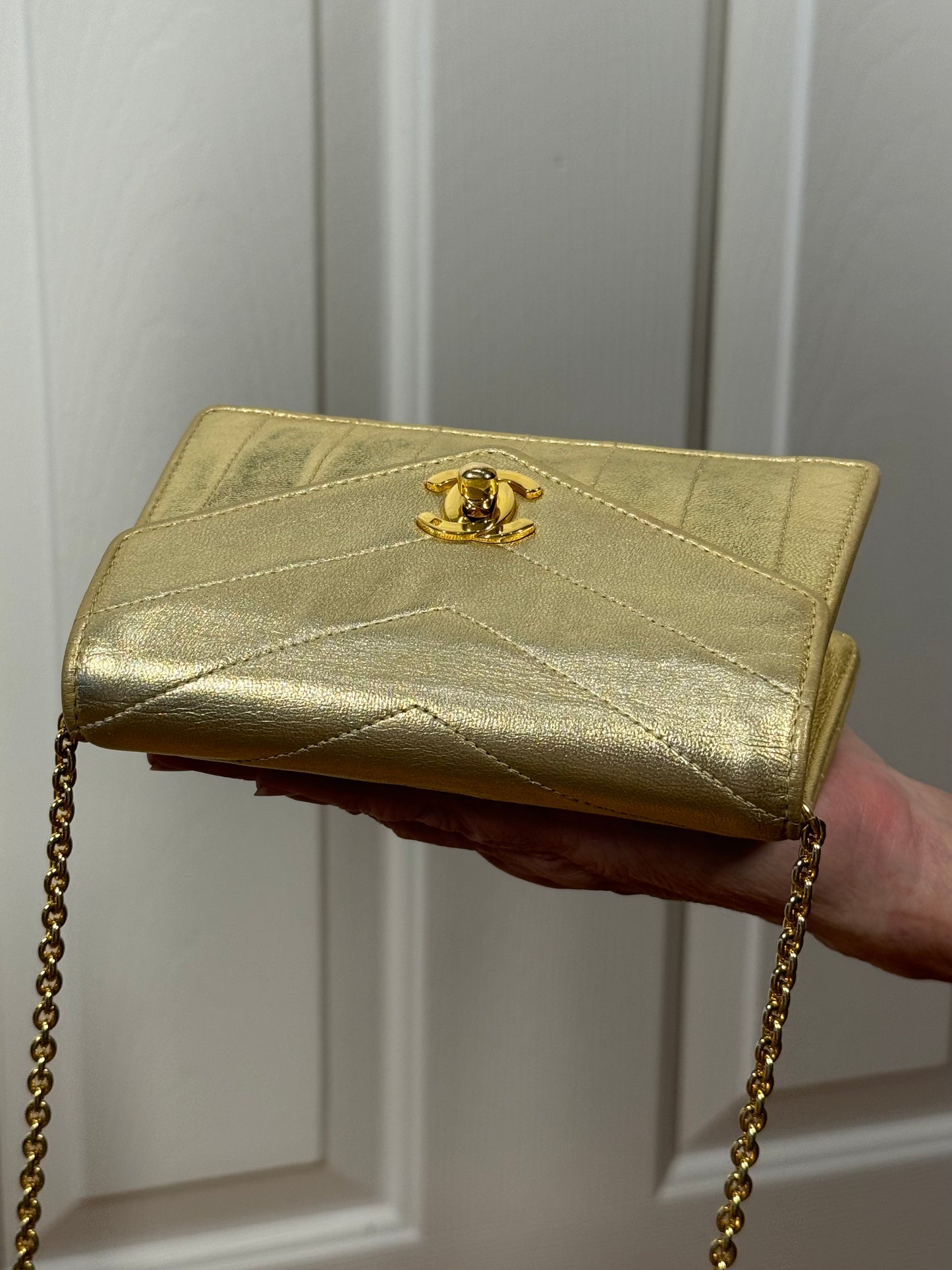 Chanel Vintage Early 80s Metallic Gold Lambskin Trapezoid Mini Flap Chain Bag w 24K Gold Plated Hardware