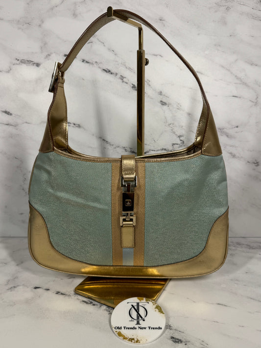 Gucci Vintage Jackie O Metallic Baby Blue & Gold Striped Shoulder Hobo Bag