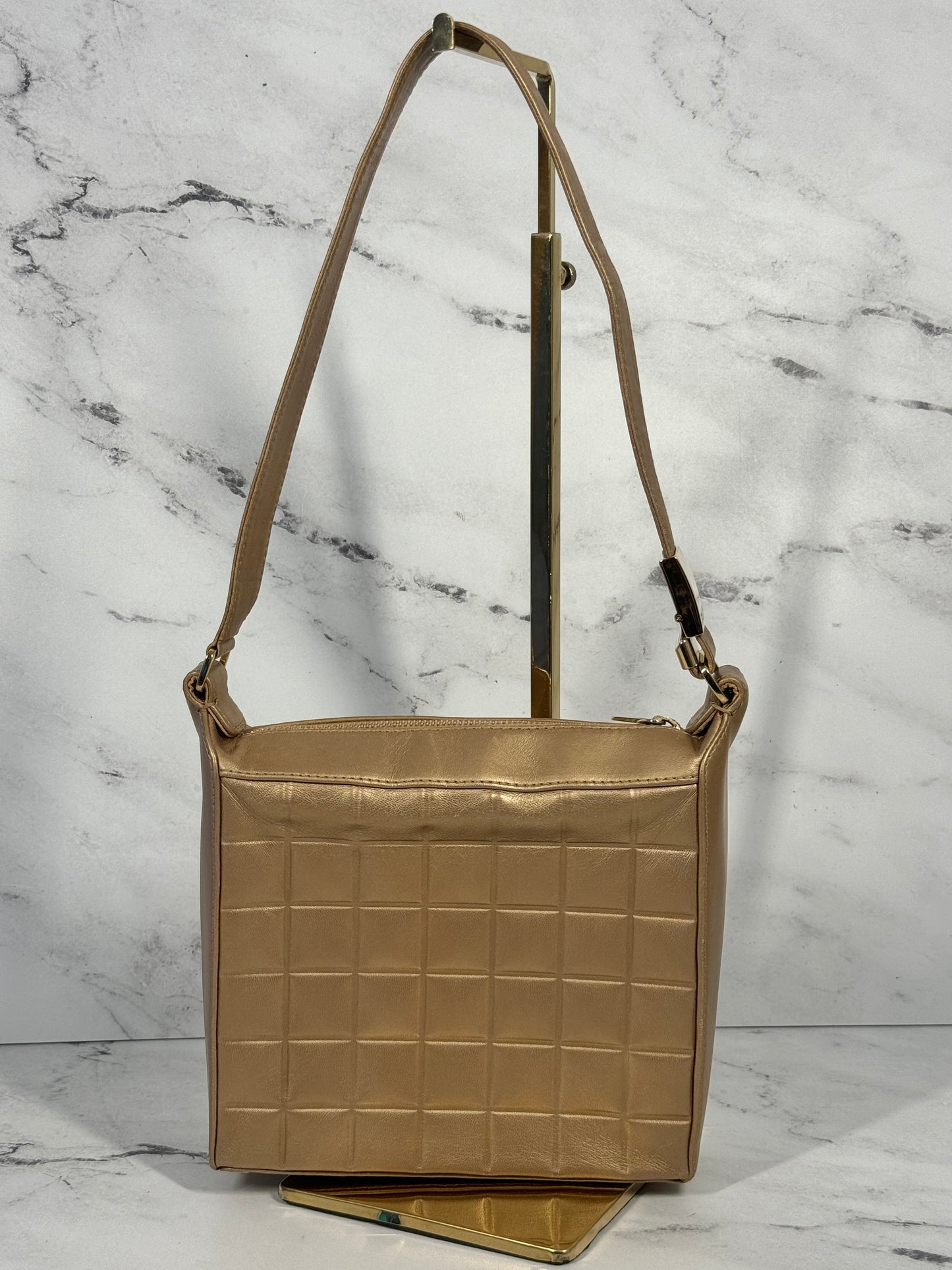 Chanel Vintage 00s Metallic Bronze Gold Calfskin Chocolate Bar Shoulder Bag