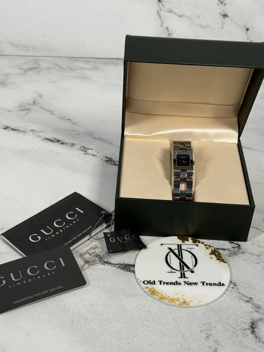 Gucci Vintage 1999 Silver Stainless Steel Square Black Face Link Watch - 6 Inches