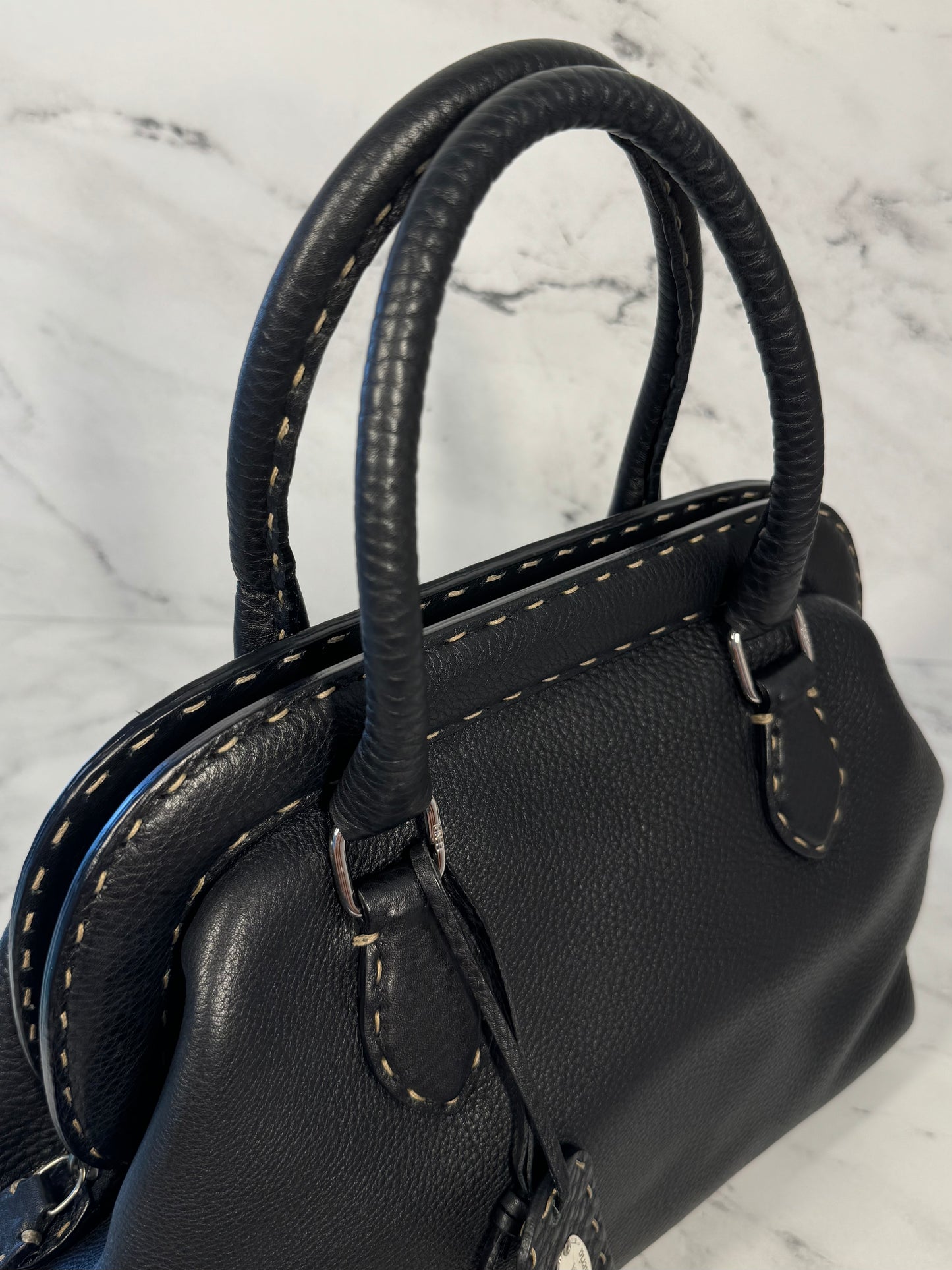 Fendi Vintage Selleria Black Calfskin Leather Adele Handbag