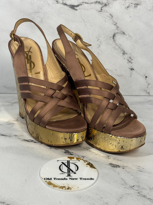 YSL / Yves Saint Laurent Vintage Gold Metallic Cork & Satin Wedge Pump Heels - Size 37