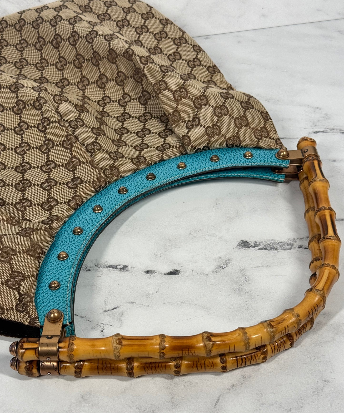 Gucci Vintage Brown GG Monogram w Turquoise Studded Leather Trim Bamboo Handle Hobo Shoulder Bag
