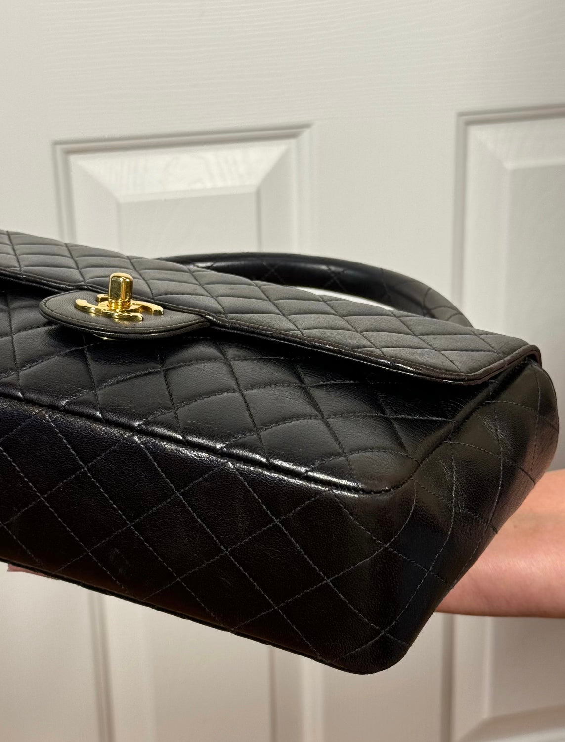 Chanel Vintage 90s Black Quilted Lambskin Medium Kelly Top Handle Parent Flap Bag w 24K Gold Plated Hardware