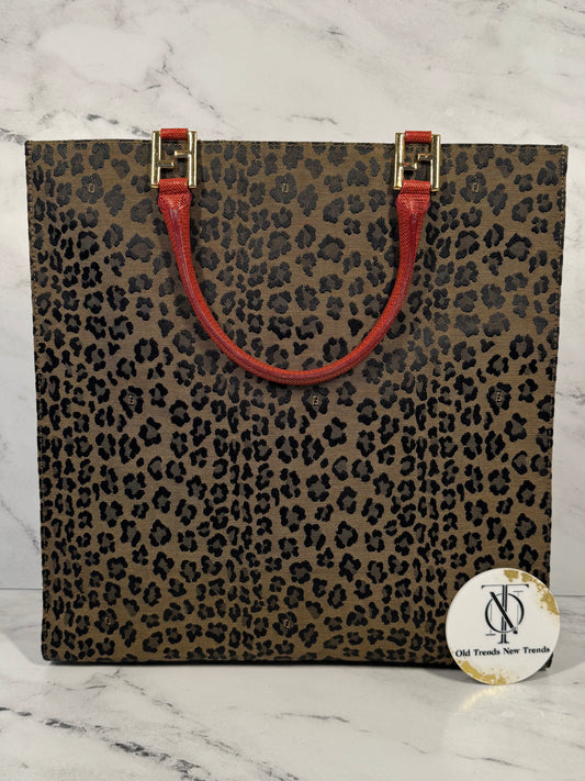 Fendi Vintage Leopard Print Shopping Tote with Red Leather Handles