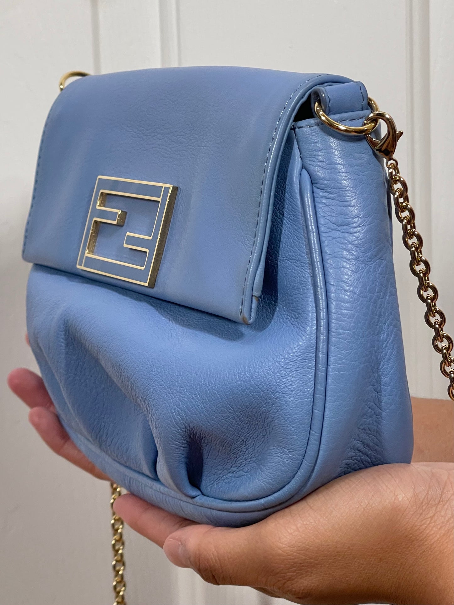 Fendi Baby Blue Leather Fendista Pochette Crossbody Chain Bag