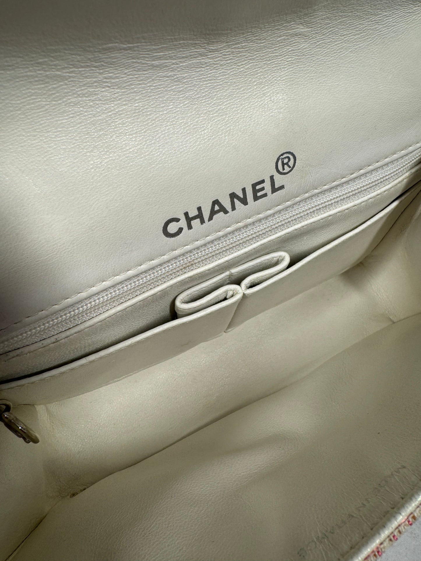 Chanel Vintage 1996 Pink & White Metallic Tweed Mini Square Flap Bag