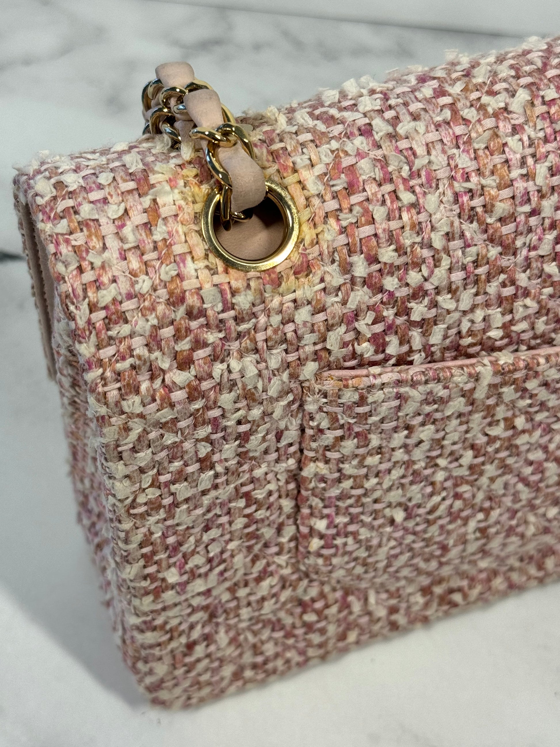Chanel Vintage 2003 Baby Pink Tweed Medium Classic Double Flap Bag W 24K Gold Plated Hardware