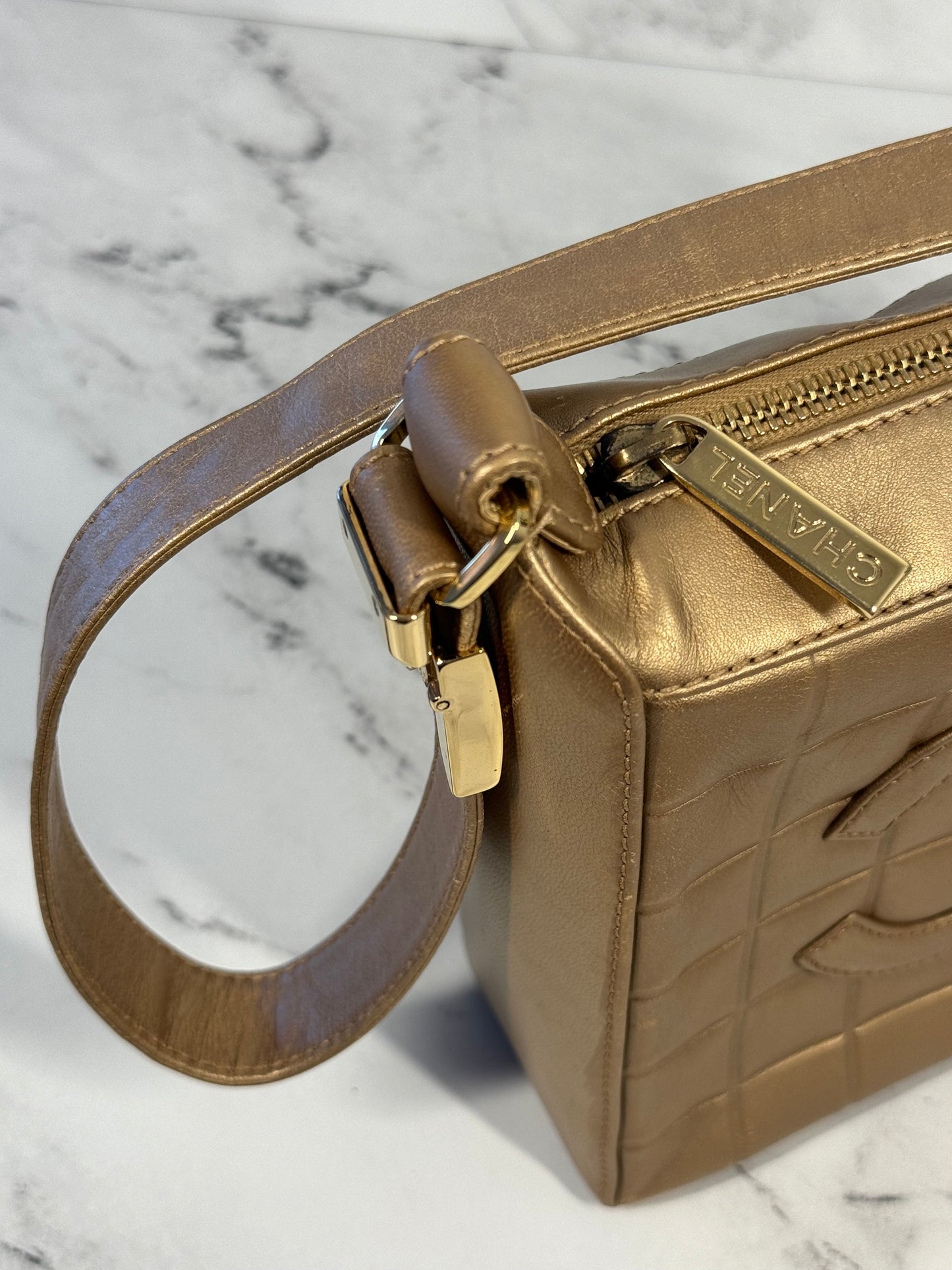 Chanel Vintage 00s Metallic Bronze Gold Calfskin Chocolate Bar Shoulder Bag
