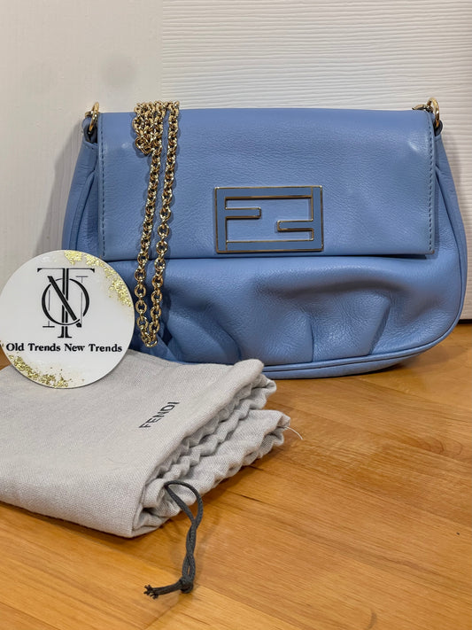 Fendi Baby Blue Leather Fendista Pochette Crossbody Chain Bag