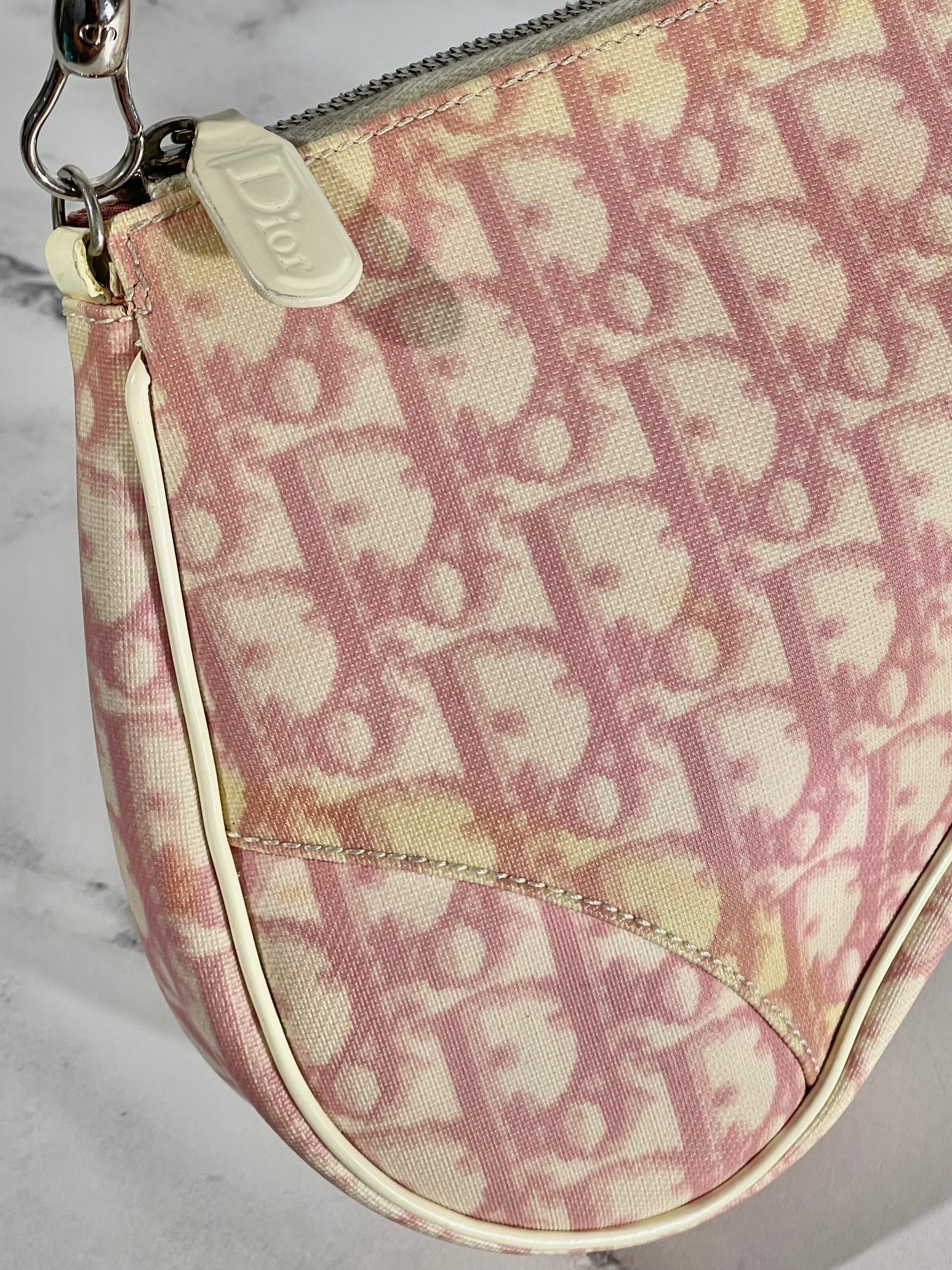 Christian Dior Vintage Diorissimo Mini Saddle Pochette, Pink and White,  Preowned in Dustbag WA001