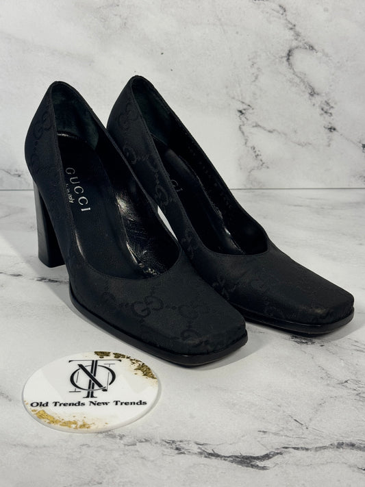 Gucci Vintage Black Satin GG Monogram Canvas Mule Pump Heels - Size 34.5