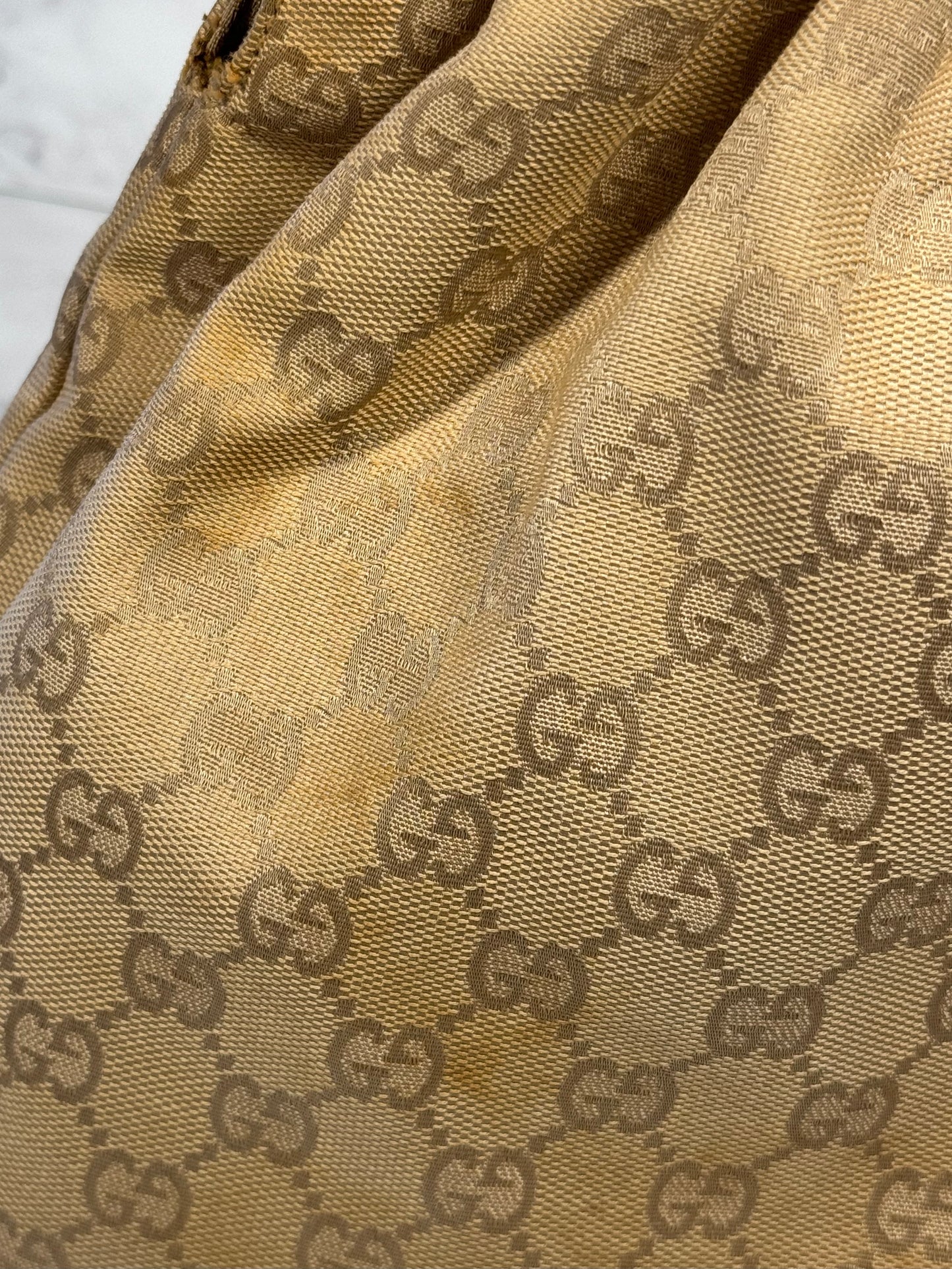 Gucci Vintage Beige GG Monogram Canvas Bamboo Top Handle Shoulder Satchel Bag