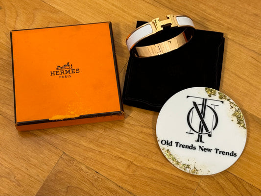 Hermes Clic Clac H Bracelet in Narrow Rose Gold w White Enamel - Size PM