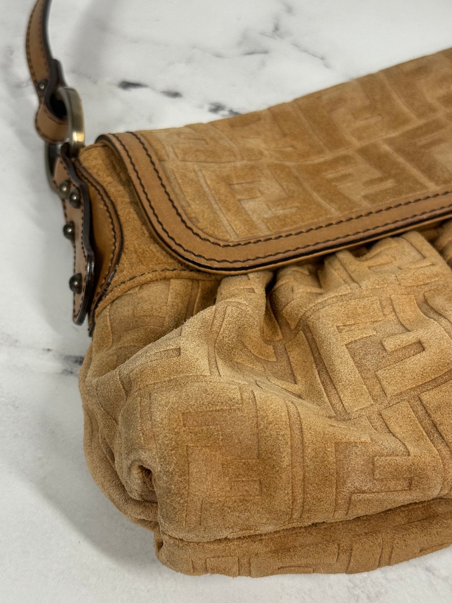 Fendi Vintage Brown Suede Embossed Zucca Shoulder Baguette Bag
