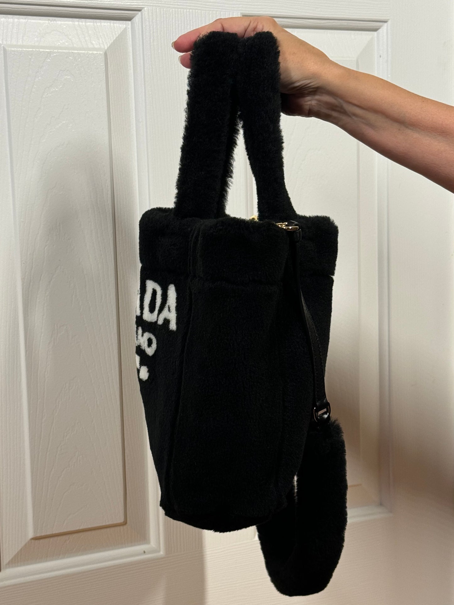 Prada Black & White Shearling Mini Tote Bag w Pouch