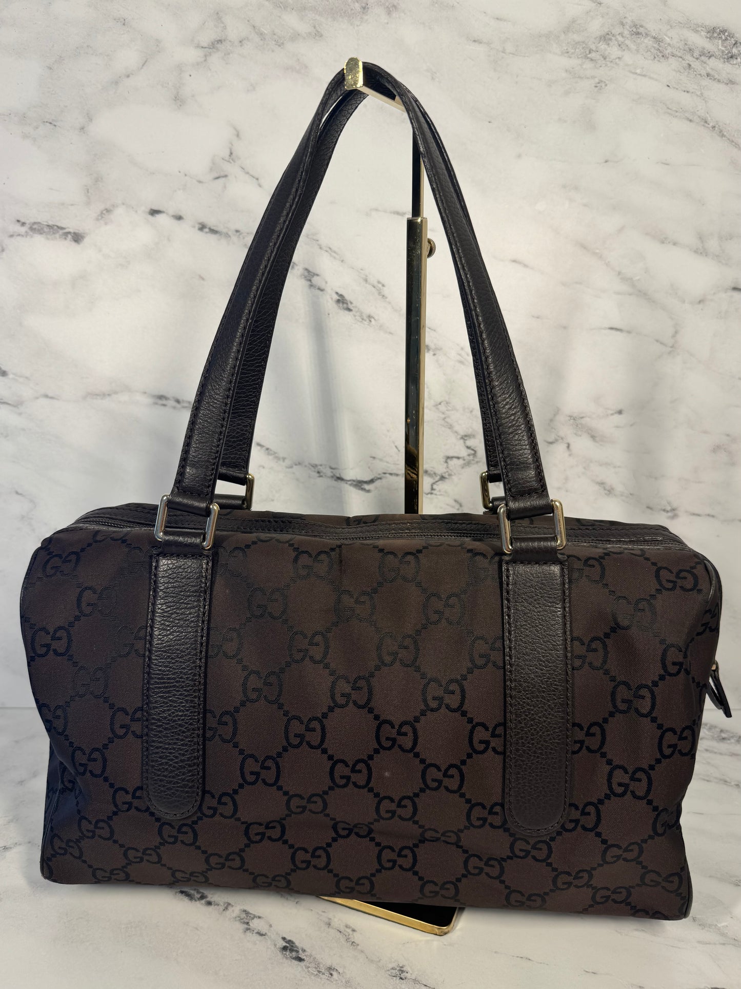 Gucci Vintage Dark Brown Nylon GG Monogram Medium Boston Bowler Shoulder Bag