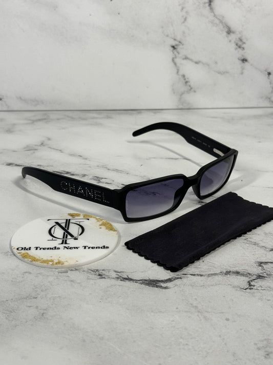 Chanel Vintage Black Rectangular Sunglasses with Swarovski Crystal Logos and Purple Gradient Lenses