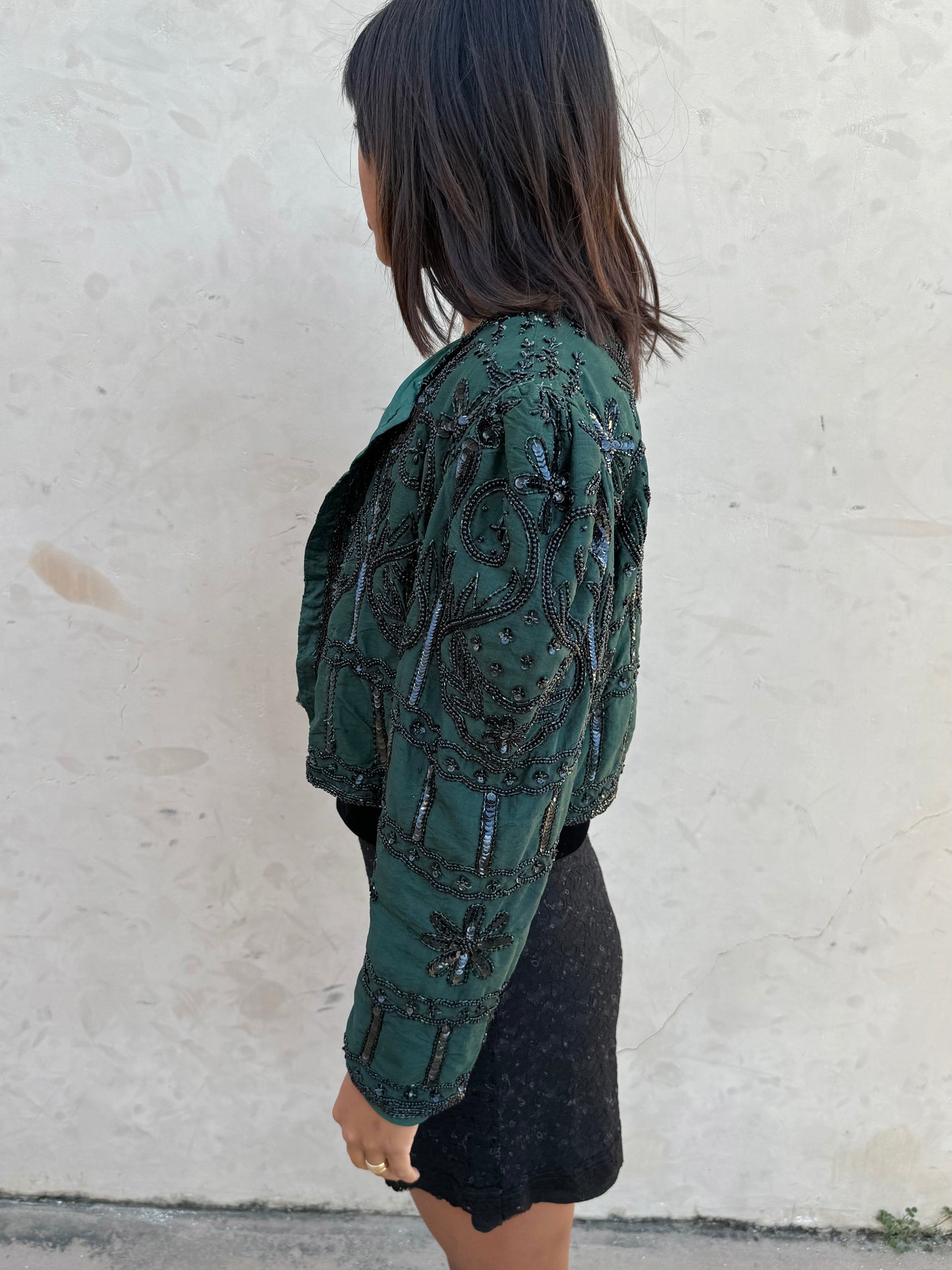 Denise Elle Vintage Green & Black Silk Embellished Cropped Evening Jacket