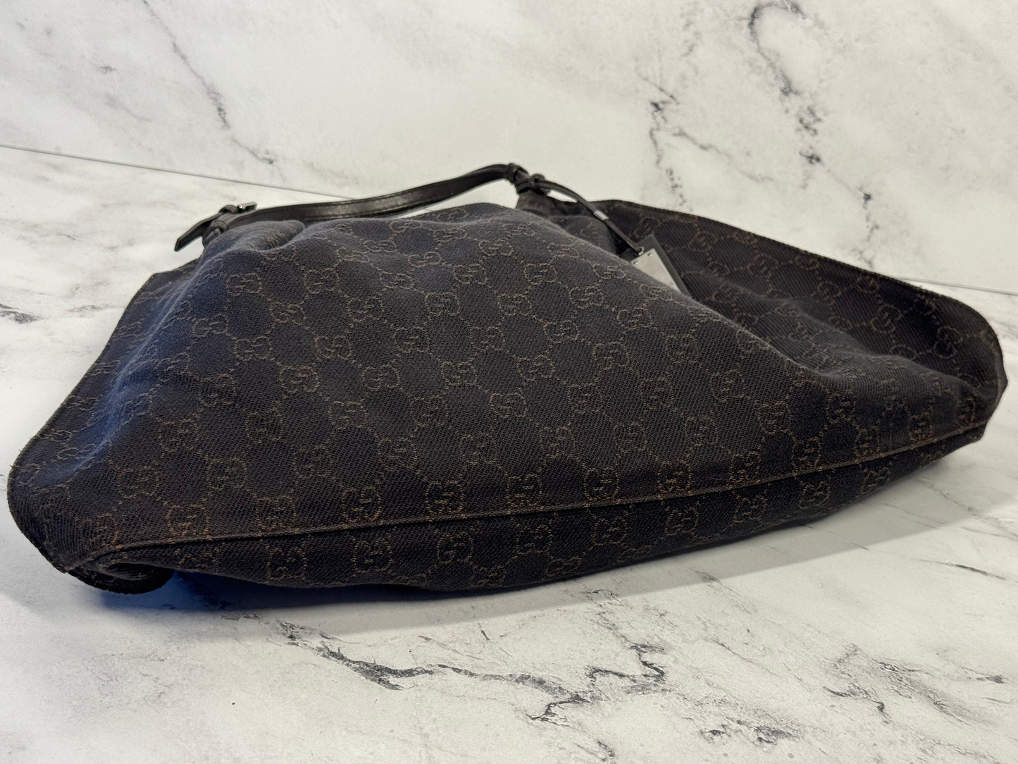 Gucci Vintage Brown Denim GG Monogram  Ruched Top Handle Hobo Bag