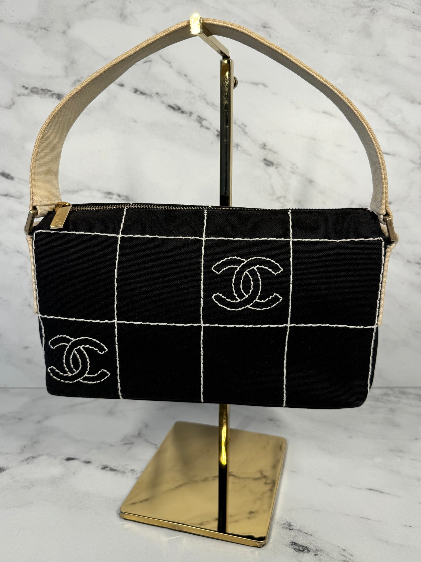 Chanel Vintage 00s Black & White Canvas Chocolate Bar Pochette Bag