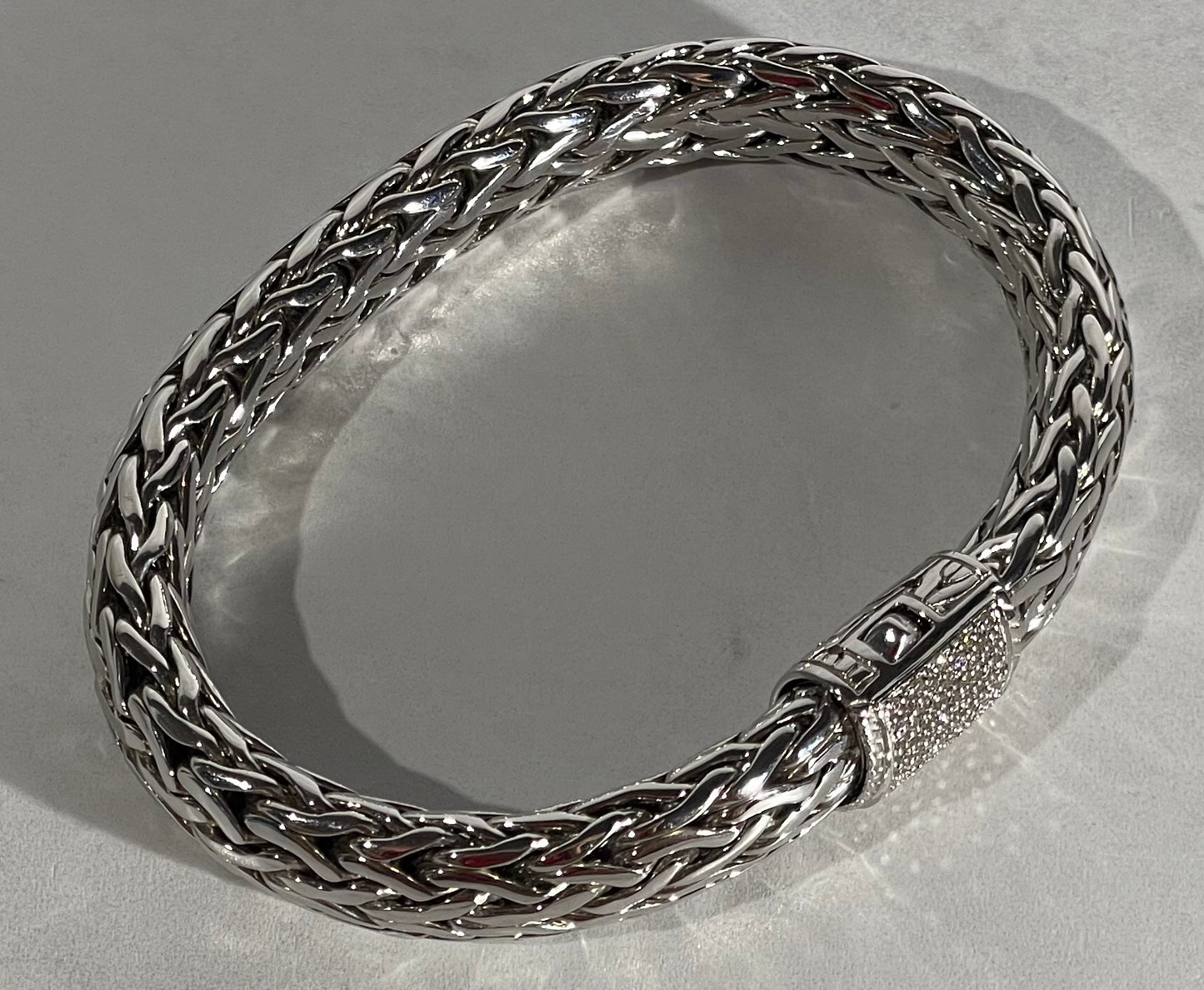 John Hardy 925 Sterling Silver Pave Diamond Clasp Classic Chain Bracelet - Size Large
