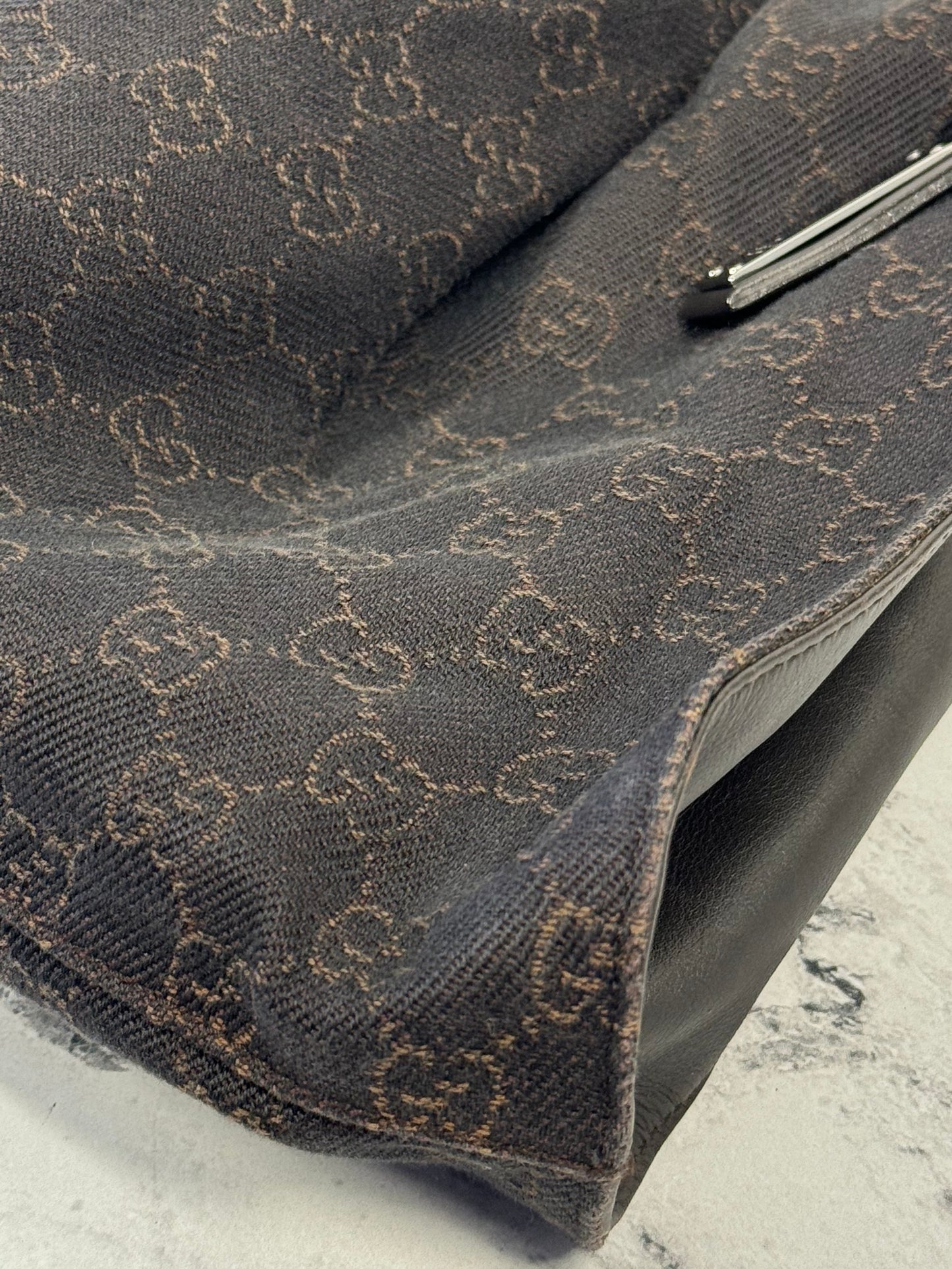 Gucci Vintage Brown Denim GG Monogram  Ruched Top Handle Hobo Bag
