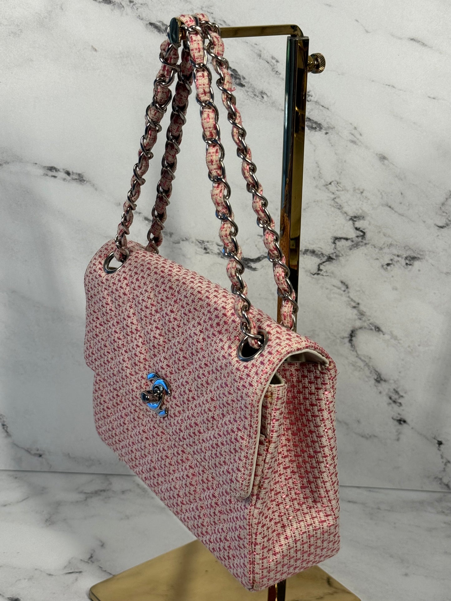 Chanel Vintage 1996 Pink & White Metallic Tweed Mini Square Flap Bag